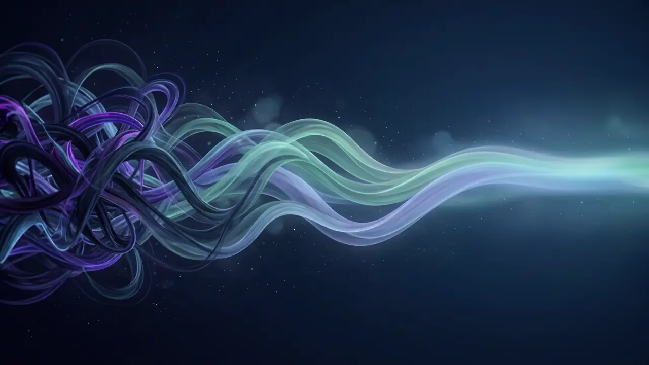 Tangled violet ribbons of light slowly unwinding into calm teal waves